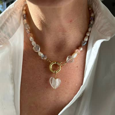 Summer Beach Baroque Pearl Beaded Necklace Stainless Steel Glass Pearl Bow Charm Heart detail 4