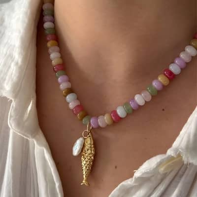 Bohemian Natural Stone Sea Irregular-Shaped Freshwater Pearl Lucky Fish Pendant detail 1