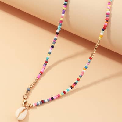Boho Handmade Colorful Seed Beads Necklace Jewelry 75cm Beaded Necklaces With Shell Pendant detail 2