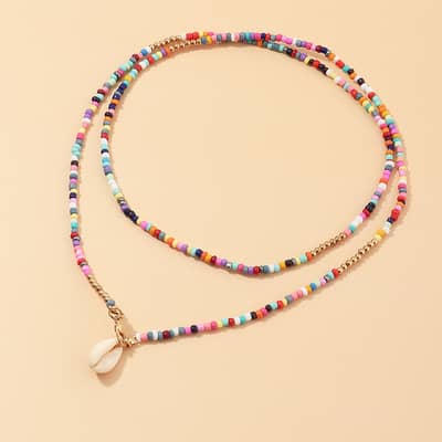 Boho Handmade Colorful Seed Beads Necklace Jewelry 75cm Beaded Necklaces With Shell Pendant detail 4