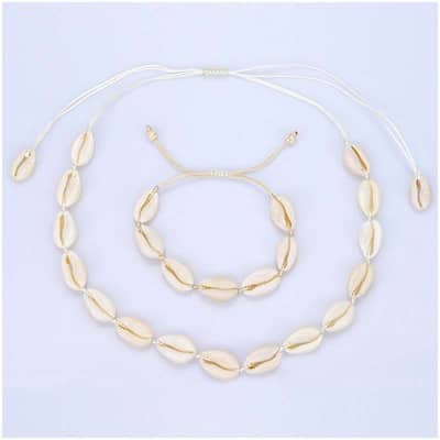 Boho Handmade Sea Shell Beaded Bracelet with Natural Cowry Puka Shell and Braided Necklace detail 1