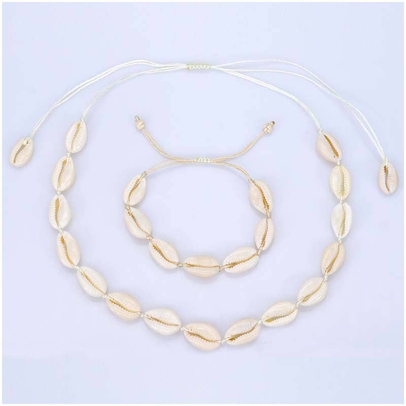 Boho Handmade Sea Shell Beaded Bracelet with Natural Cowry Puka Shell and Braided Necklace - main