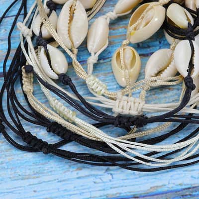 Boho Handmade Sea Shell Beaded Bracelet with Natural Cowry Puka Shell and Braided Necklace detail 2