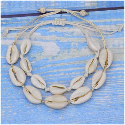 Boho Handmade Sea Shell Beaded Bracelet with Natural Cowry Puka Shell and Braided Necklace detail 5