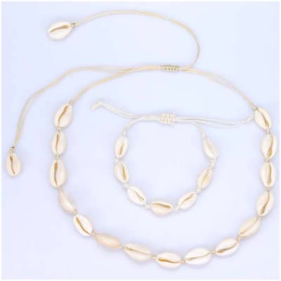 Boho Handmade Sea Shell Beaded Bracelet with Natural Cowry Puka Shell and Braided Necklace detail 6