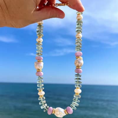 Stainless Steel Beaded Necklace Natural Stone Freshwater Pearl Handmade Geometric Fashion detail 1