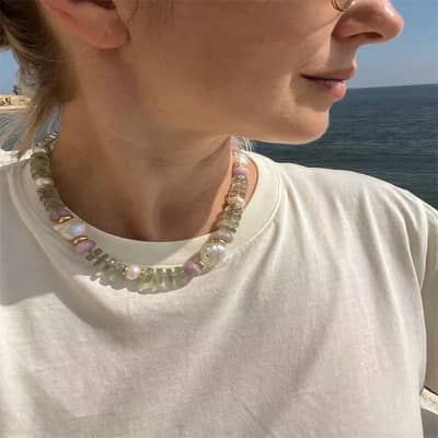 Stainless Steel Beaded Necklace Natural Stone Freshwater Pearl Handmade Geometric Fashion detail 4