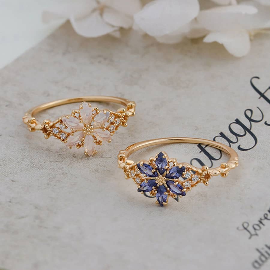 925 Sterling Silver Gold Plated Gemstone Retro Hollow Flower Tanzanite Zircon Synthetic Artificial Opal Ring - main