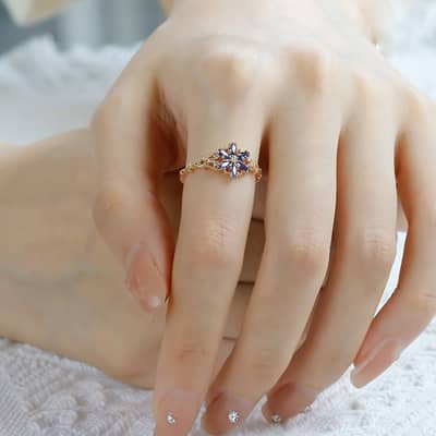 925 Sterling Silver Gold Plated Gemstone Retro Hollow Flower Tanzanite Zircon Synthetic Artificial Opal Ring detail 2