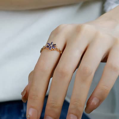 925 Sterling Silver Gold Plated Gemstone Retro Hollow Flower Tanzanite Zircon Synthetic Artificial Opal Ring detail 3