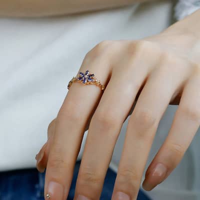 925 Sterling Silver Gold Plated Gemstone Retro Hollow Flower Tanzanite Zircon Synthetic Artificial Opal Ring detail 6