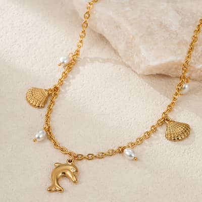 Beach Starfish 18K Gold Plated Stainless Steel Necklace Summer Ocean Style With Natural Shell Seahorse Charms And Pearls detail 3