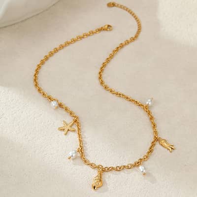 Beach Starfish 18K Gold Plated Stainless Steel Necklace Summer Ocean Style With Natural Shell Seahorse Charms And Pearls detail 4