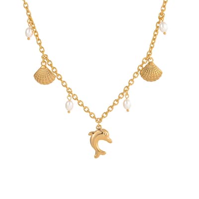 Beach Starfish 18K Gold Plated Stainless Steel Necklace Summer Ocean Style With Natural Shell Seahorse Charms And Pearls detail 5