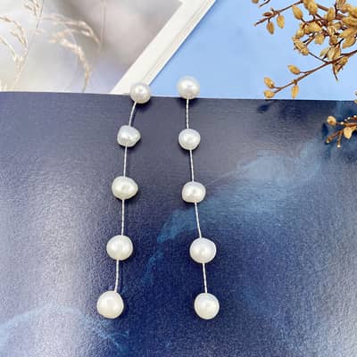 Freshwater Waterproof Beaded Pearl Tassel Earrings 925 Sterling Silver Long Pearl Drop Dangle detail 3