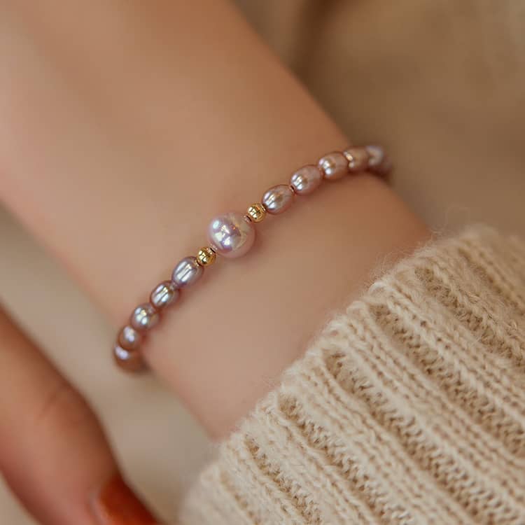 14K Gold Plated Minimalist Pearl Beaded Bracelet With White Purple Freshwater Pearls - main
