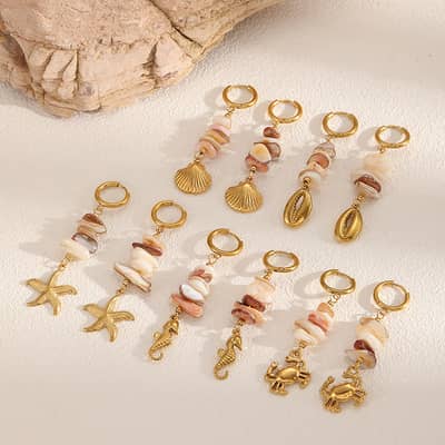 18K Gold Plated Handmade Ocean Crushed Stone Earrings Stainless Steel Starfish Conch Shell Pendant Dangle detail 1