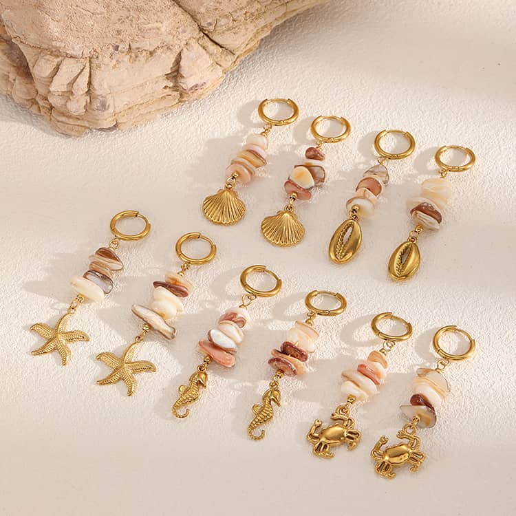 18K Gold Plated Handmade Ocean Crushed Stone Earrings Stainless Steel Starfish Conch Shell Pendant Dangle - main
