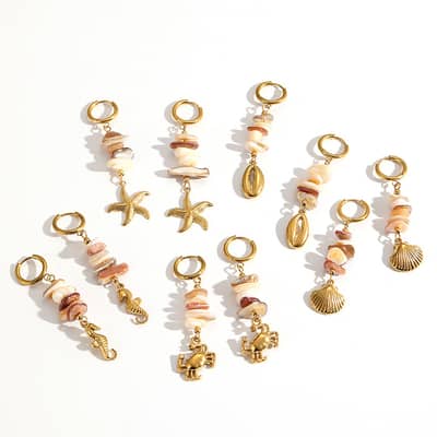 18K Gold Plated Handmade Ocean Crushed Stone Earrings Stainless Steel Starfish Conch Shell Pendant Dangle detail 3