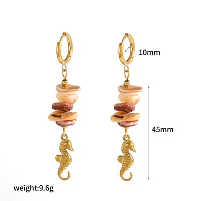 18K Gold Plated Handmade Ocean Crushed Stone Earrings Stainless Steel Starfish Conch Shell Pendant Dangle detail 4