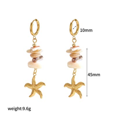 18K Gold Plated Handmade Ocean Crushed Stone Earrings Stainless Steel Starfish Conch Shell Pendant Dangle detail 6