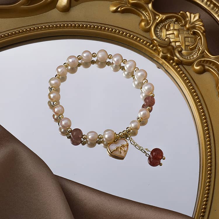 18K Gold Plated Chinese Style Handmade Bead Bracelet with Strawberry Crystal, Opal, Pearl, and Lock Love Pendant - main