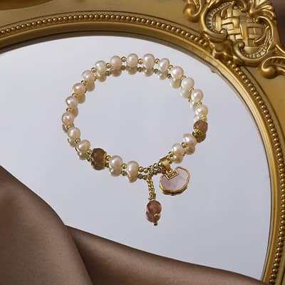 18K Gold Plated Chinese Style Handmade Bead Bracelet with Strawberry Crystal, Opal, Pearl, and Lock Love Pendant detail 2