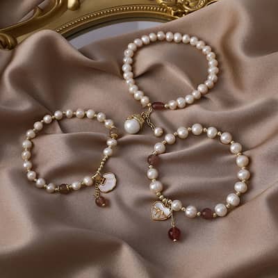 18K Gold Plated Chinese Style Handmade Bead Bracelet with Strawberry Crystal, Opal, Pearl, and Lock Love Pendant detail 4