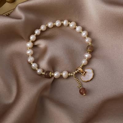 18K Gold Plated Chinese Style Handmade Bead Bracelet with Strawberry Crystal, Opal, Pearl, and Lock Love Pendant detail 5