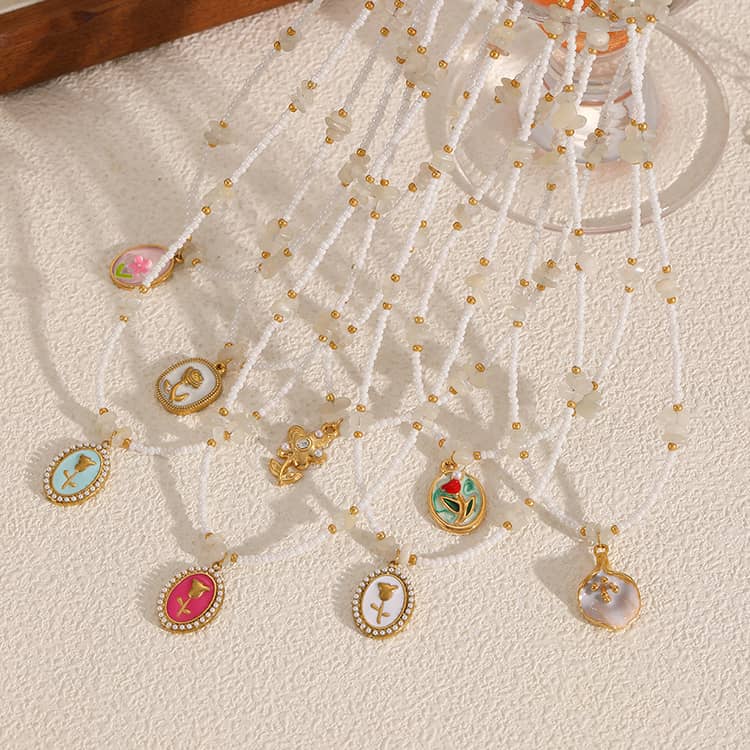 Waterproof Hypoallergenic Stainless Steel Clavicle Chain Pearl Beaded Necklace With Rose Flower Pendant - main