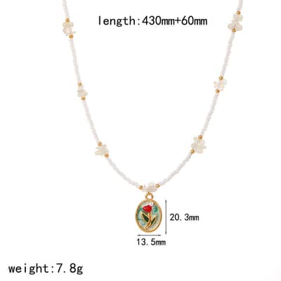 Waterproof Hypoallergenic Stainless Steel Clavicle Chain Pearl Beaded Necklace With Rose Flower Pendant detail 4