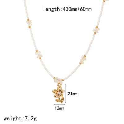 Waterproof Hypoallergenic Stainless Steel Clavicle Chain Pearl Beaded Necklace With Rose Flower Pendant detail 5