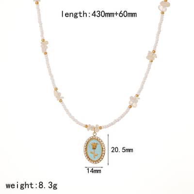 Waterproof Hypoallergenic Stainless Steel Clavicle Chain Pearl Beaded Necklace With Rose Flower Pendant detail 6