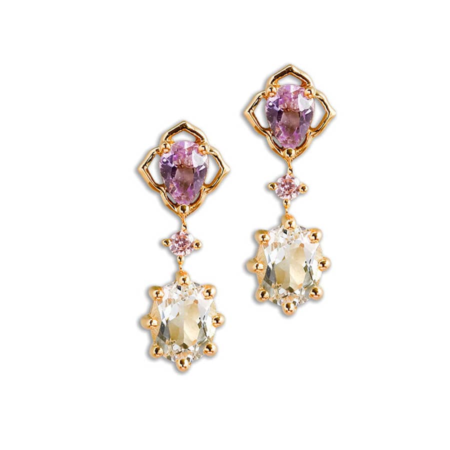 925 Sterling Silver Gold Plated Korean Vintage Bezel Zircon Hoop Gemstone White Topaz Pink Amethyst Crystal Earrings - main