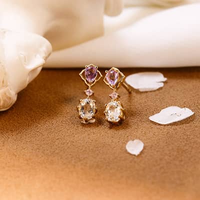 925 Sterling Silver Gold Plated Korean Vintage Bezel Zircon Hoop Gemstone White Topaz Pink Amethyst Crystal Earrings detail 2