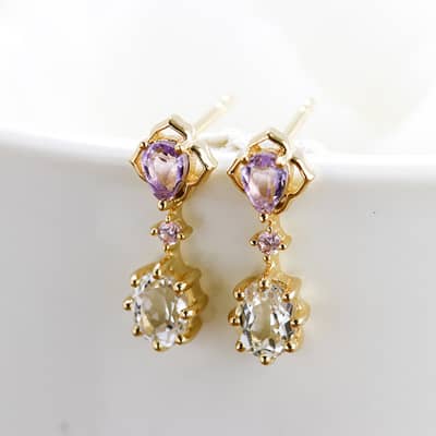 925 Sterling Silver Gold Plated Korean Vintage Bezel Zircon Hoop Gemstone White Topaz Pink Amethyst Crystal Earrings detail 6