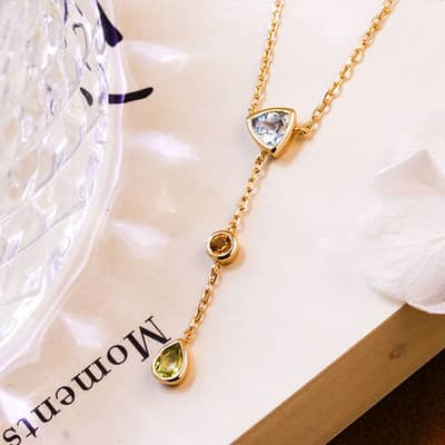 925 Sterling Silver Gold Plated Amethyst Gemstone Geometric Triangular Round Drops Sky Blue Topaz Citrine Peridot Necklace detail 6