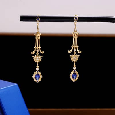 925 Sterling Silver Gold Plated Colorful Gemstone Series Starlight Astral Star Blue Zirconium Earrings detail 2