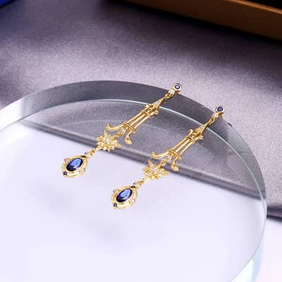 925 Sterling Silver Gold Plated Colorful Gemstone Series Starlight Astral Star Blue Zirconium Earrings detail 3