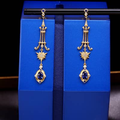 925 Sterling Silver Gold Plated Colorful Gemstone Series Starlight Astral Star Blue Zirconium Earrings detail 4