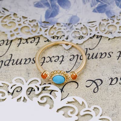 Vintage 925 Sterling Silver Gold Plated Gemstone Round Bead Flower Natural Turquoise Ring detail 4