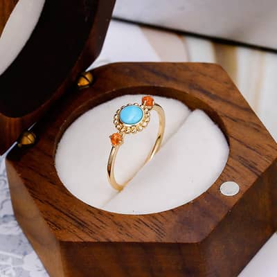 Vintage 925 Sterling Silver Gold Plated Gemstone Round Bead Flower Natural Turquoise Ring detail 6