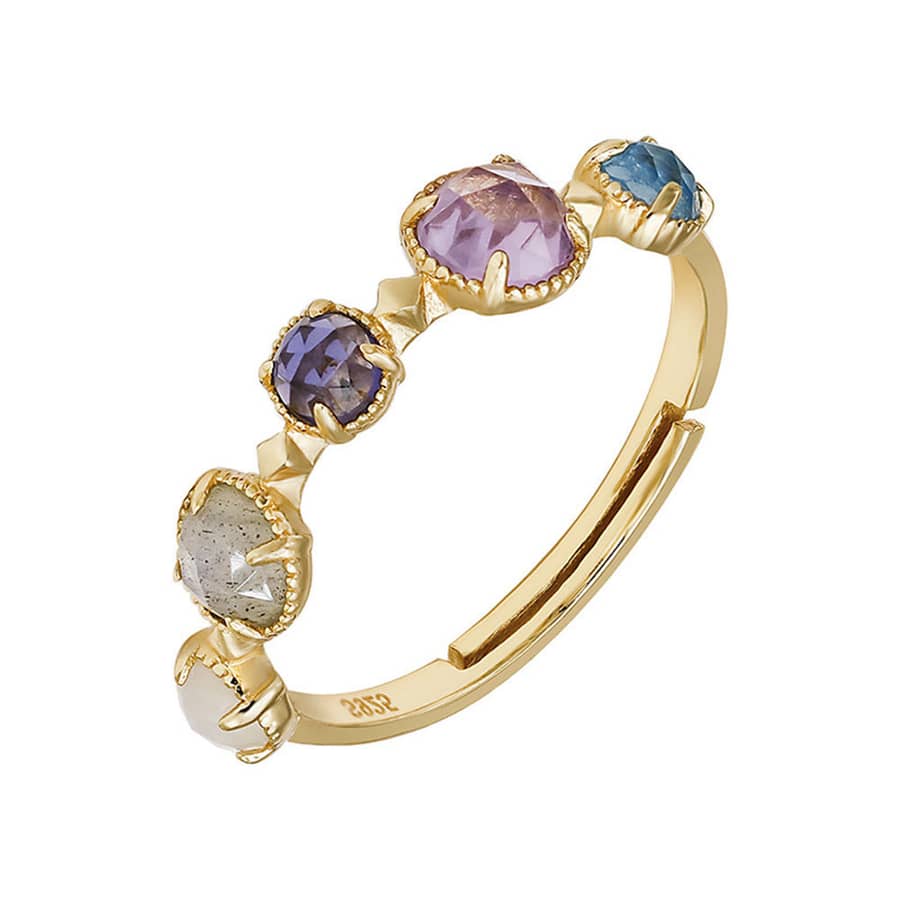 925 Sterling Silver Gold Plated Sugar Crystal Zircon Gemstones Multi Coloured Labradorite Moonstone Amethyst Topaz Ring - main