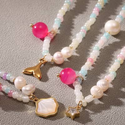 Drip Oil Colored Flower Pendant Clavicle Chain With Natural Stone Freshwater Pearl And Agate Beads detail 1