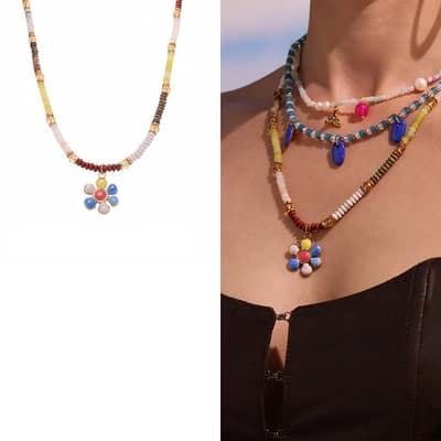 Drip Oil Colored Flower Pendant Clavicle Chain With Natural Stone Freshwater Pearl And Agate Beads detail 2