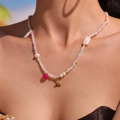 Drip Oil Colored Flower Pendant Clavicle Chain With Natural Stone Freshwater Pearl And Agate Beads detail 5