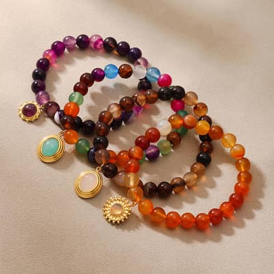 Light Luxury Mixed Color Natural Stone Elastic Rope Tiger Eye Stone Handmade Bead Bracelet detail 2
