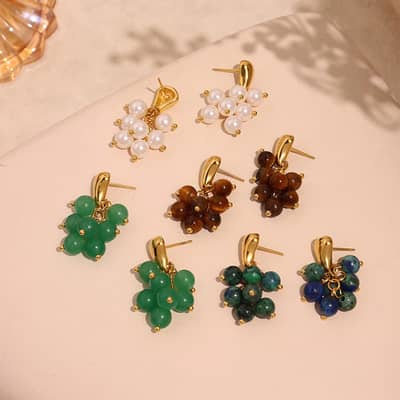 Design Luxury Handmade Geometric Natural Stone Beaded Flower Pendant Earrings detail 1