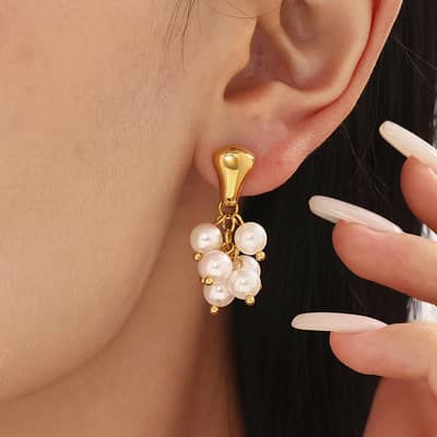 Design Luxury Handmade Geometric Natural Stone Beaded Flower Pendant Earrings detail 2