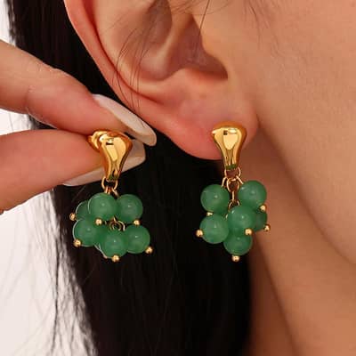 Design Luxury Handmade Geometric Natural Stone Beaded Flower Pendant Earrings detail 4